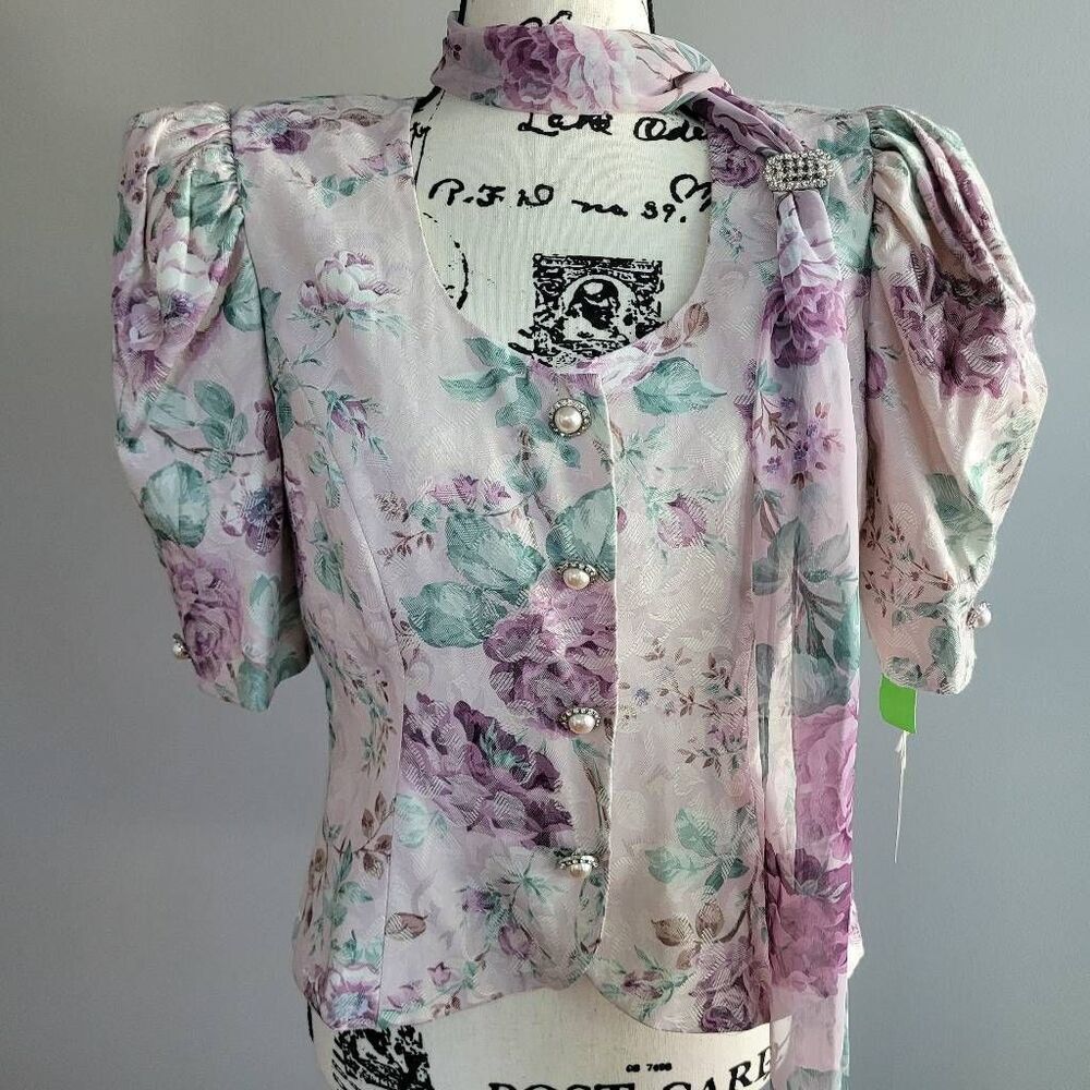 VTG rare deadstock 80s floral blouse puff sleeve attached scarf regency‎ cottage